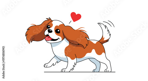 Happy cavalier king charles spaniel dog walking with a wagging tail and a red heart icon above its head to symbolize love and affection for pets.