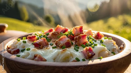 Creamy Pasta Dish with Bacon and Chives in Rustic Setting