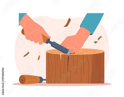 Close-up of woodworker hands carving a wooden log with a chisel. Traditional handicraft and woodworking process. Flat vector illustration.