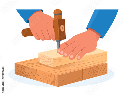 Hands of a woodworker using a chisel on a wooden block in a workshop. Carpentry, manual craft, and joinery concept. Flat vector illustration.