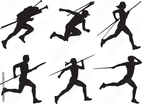Dynamic silhouettes of athletes participating in javelin and race walking sports activities