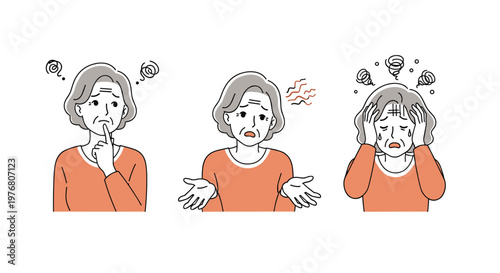 Elderly woman in an orange shirt expressing confusion and intense stress with swirling icons above her head to represent mental pressure and worry.