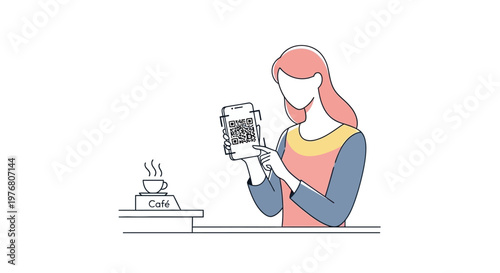 Stylized vector illustration of a woman making a cashless payment via a QR code on her smartphone at a cafe counter, depicted in a minimalist design against a clean white background