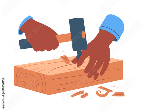 Hands of a woodworker using a hammer and chisel on a wooden timber. Carpentry, handicraft, and woodworking workshop concept. Flat vector illustration.