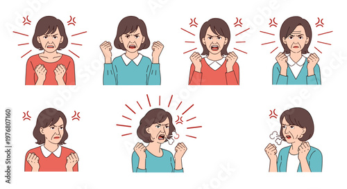 Sequence of illustrations showing an older woman expressing intense anger and frustration with clenched fists and aggressive shouting gestures.