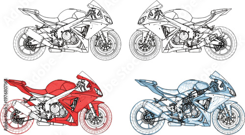 Sport Motorcycle Technical Drawing Vector Illustration Set with Wireframe and Colored Racing Bikes Engineering Design Collection