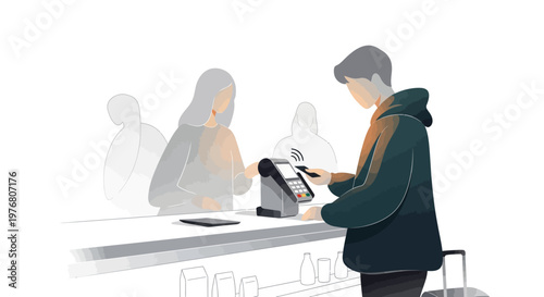 Stylized vector illustration of a man making a cashless payment with his mobile phone at a terminal, in a clean, modern design with a neutral color palette against a simple white