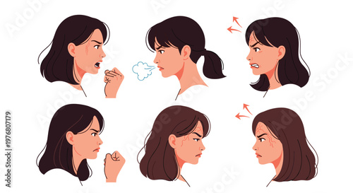 Profile view of a young woman showing different stages of anger from shouting to fuming with visible frustration and clenched fists in annoyance.