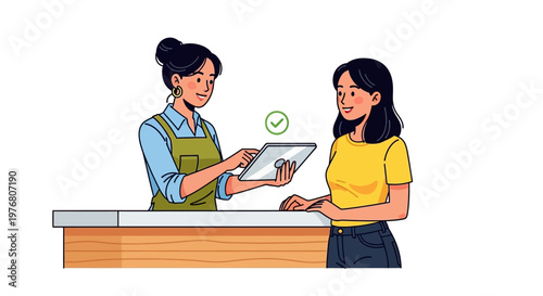 Stylish vector art shows a clerk in an apron holding a tablet for a customer to confirm a cashless payment transaction via QR code, set against a clean white background for a modern