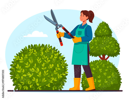 Female gardener trimming a hedge with large gardening shears. Landscaping, garden maintenance, and hobby concept. Flat vector illustration.