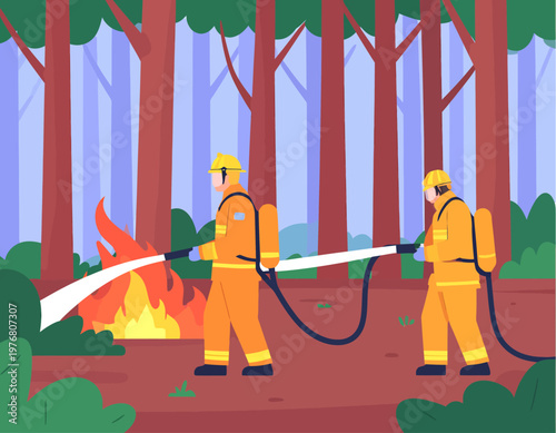 Firefighters extinguishing a forest fire with a water hose. Wildfire prevention and emergency service concept. Flat vector illustration.