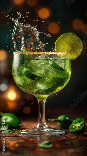 A refreshing green cocktail with ice and a lime slice, garnished with jalapeno, splashing in a glass with a salted rim against a blurred warm background.