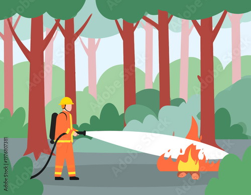 Fireman in full gear fighting a brush fire with a water hose in the woods. Wildfire prevention and emergency concept. Flat vector illustration.