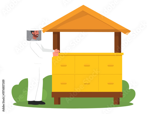 Professional beekeeper standing next to yellow beehives in a rural setting. Farming, nature, and honey harvest concept. Flat vector illustration.