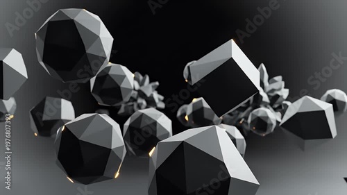 A striking abstract composition features a collection of geometric, low-poly forms suspended against a dark, subtly illuminated background, creating a sense of depth and modern artistry.