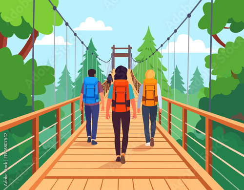 Group of three people hiking across a wooden suspension bridge in a pine forest. Adventure and outdoor travel concept. Flat vector illustration.