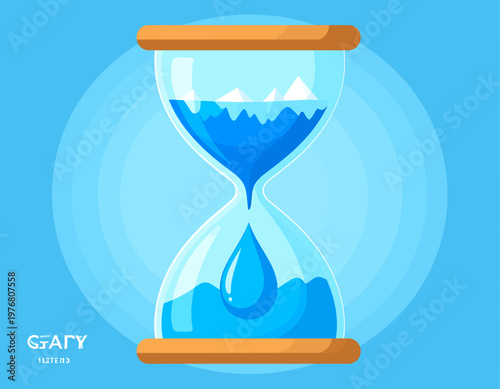 An hourglass with water, showing a mountain landscape in the top chamber and a single drop falling into the bottom.