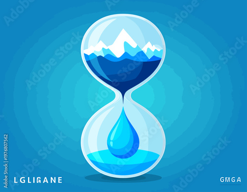 An hourglass with a mountain and water landscape in the top bulb, dripping water into the bottom bulb, symbolizing water conservation and the passage of time.