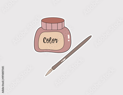Ink pot and paintbrush vector with "Color" label, great for art class materials, creative project icons, and hobby-themed blog graphics