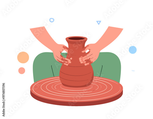 Hands shaping a clay pot on a potter's wheel, illustrating the art of pottery.