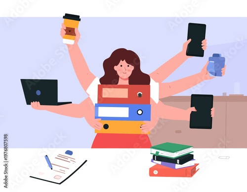 A woman with many arms juggling multiple tasks in a busy office environment, symbolizing multitasking and productivity.