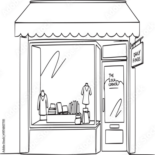 Illustration of vintage dry cleaning shop with customers and staff under striped awning