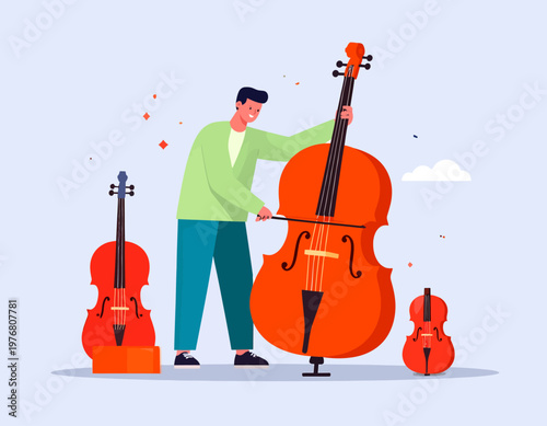 Man playing a large string instrument with other string instruments around him, music lesson illustration.