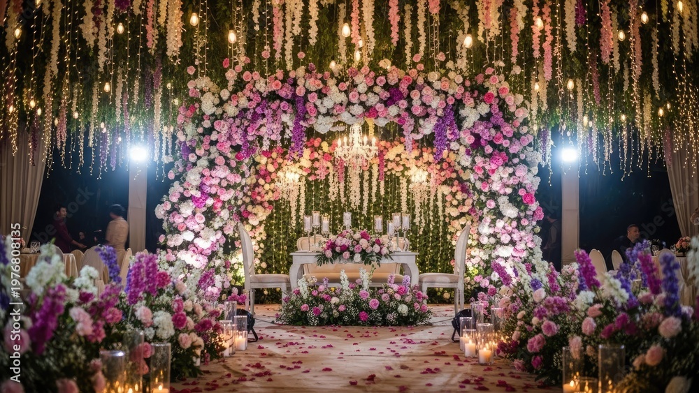 Obraz premium A beautifully decorated wedding archway with flowers and lights at night