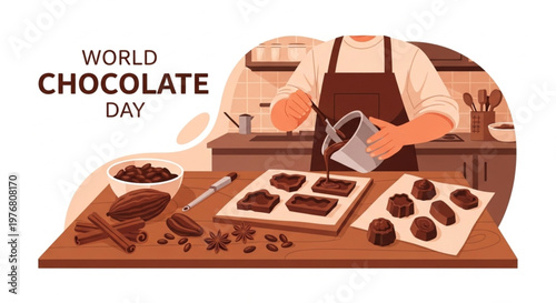 Illustration of a baker in an apron preparing chocolate cookies on a baking sheet with various ingredients on a wooden table for World Chocolate Day