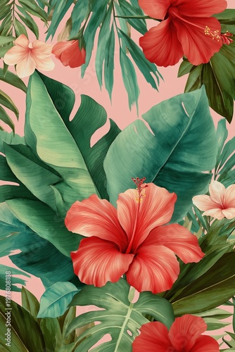 Tropical floral pattern featuring vibrant red and peach hibiscus flowers with large green leaves on a soft pink background.