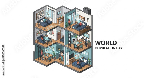 Isometric illustration of a multi-story building with diverse people engaging in daily activities on World Population Day