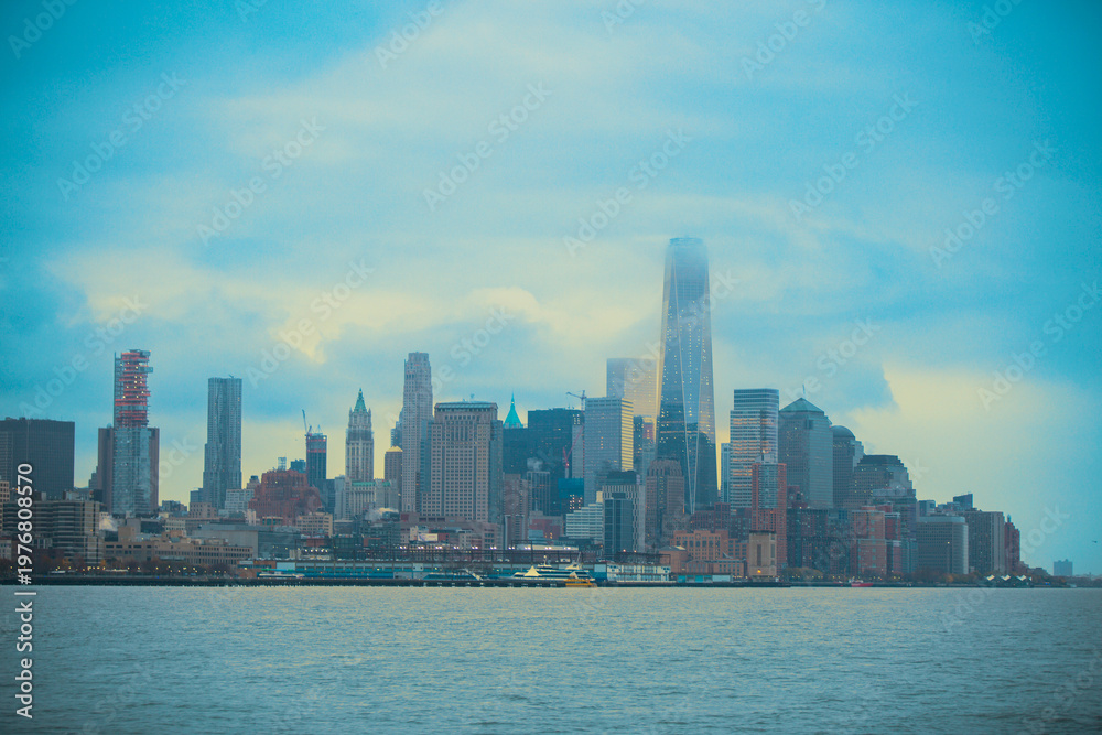 Fototapeta premium Misty Lower Manhattan Skyline with One World Trade Center and Copy Space