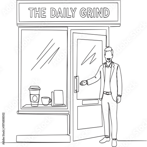 Businessman opening coffee shop door with daily grind sign in minimalist illustration