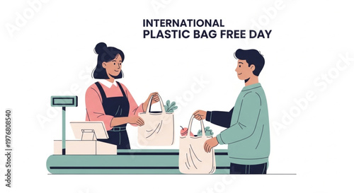 A smiling shopkeeper hands a customer a reusable bag with groceries on International Plastic Bag Free Day