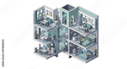 Isometric illustration of a modern multi-story office building with various employees working in different rooms and a minimalist aesthetic