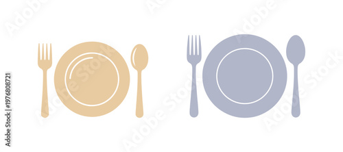 Utensils and plate icon. Fork and spoon on a plate.
Eating out and restaurant theme. Vector