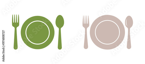 Icon of a plate and utensils. Plate, fork, and spoon.
Concept of dining out and restaurants. Vector