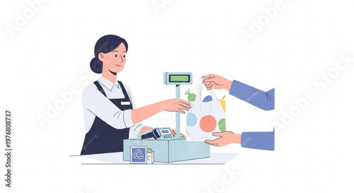A smiling woman handing a receipt to a customer at a checkout counter with a cash register and a clean white background
