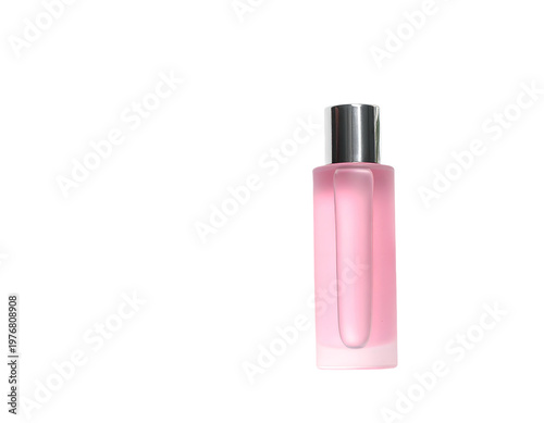 Pink glass bottle with silver cap on white background