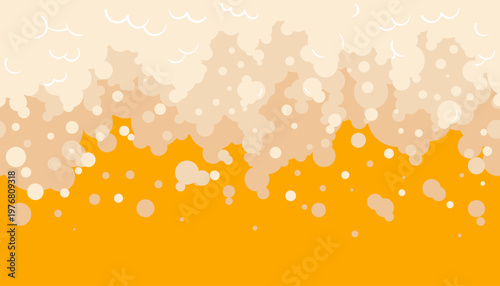 Beer foam and bubbles on a golden liquid background, creating a seamless horizontal border illustration. This design depicts a fresh lager or ale with a frothy white head and rising carbonation.