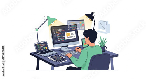 An illustration of a man sitting at a cluttered desk with multiple computer screens and coding on a keyboard in a modern workspace