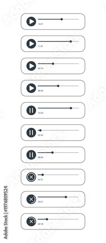 Voice equalizer with sound waves and pause icon. Volume message with spectrum noise, button. Audio social media recording chart. Podcast soundwave line. Shape of mobile talk track. Vector illustration