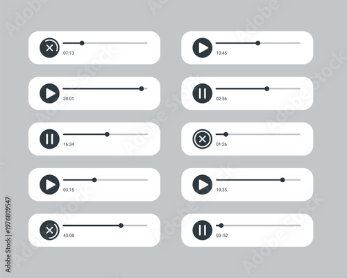 Audio social media recording chart. Volume message with spectrum noise, button. Voice equalizer with sound waves and pause icon. Podcast soundwave line. Shape of mobile talk track. Vector illustration