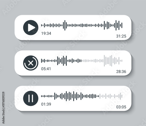 Voice message with spectrum noise, button. Shape of mobile talk track. Volume equalizer with sound waves and play icon. Audio social media recording chart. Podcast soundwave line. Vector illustration