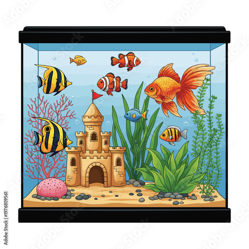 Colorful Aquarium with Fish, Castle, and Plants