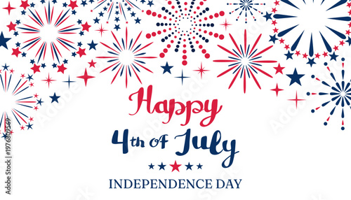 Schilderij op canvas Red and blue firework bursts frame the top of a white background with Happy 4th of July Independence Day text