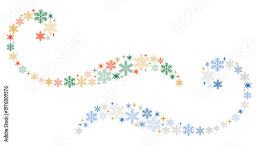 Colorful snowflake swirls create a festive winter wind pattern across a clean white background. This abstract vector design features orange, green, and blue snow crystals in a dynamic, swirling flow.