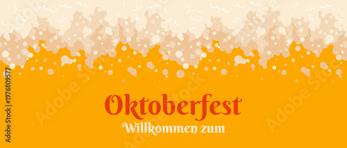 Oktoberfest banner with a seamless beer foam border and text. This flat design features frothy bubbles on a golden lager background for brewery menus, pub posters, and German festival invitations.