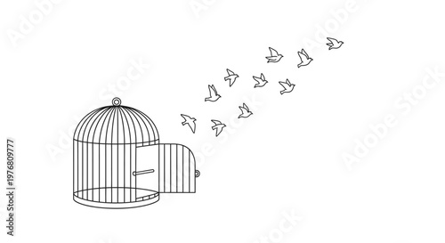 Birds fly free from cage illustration symbolising liberty and escape