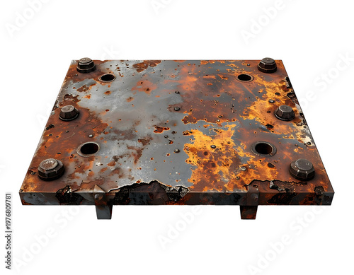 Textured, rusty metal plate with bolted corners